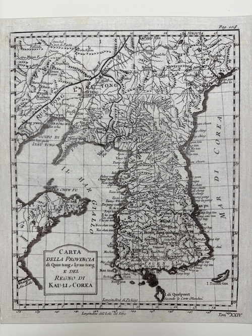 This is the Italian version of Carte de la Province de Quan-tong ou Lyau-tong et du Royaume de Kau-Li ou Coree (Map of Quantong or Liandong Province and Kingdom of Joseon or Korea), a map of Korea produced in 1750 by French cartographer Jacques Nicolas Bellin. (Northeast Asian History Foundation)