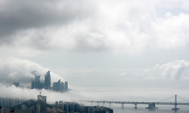 Sea fog covers famous beach area of Busan