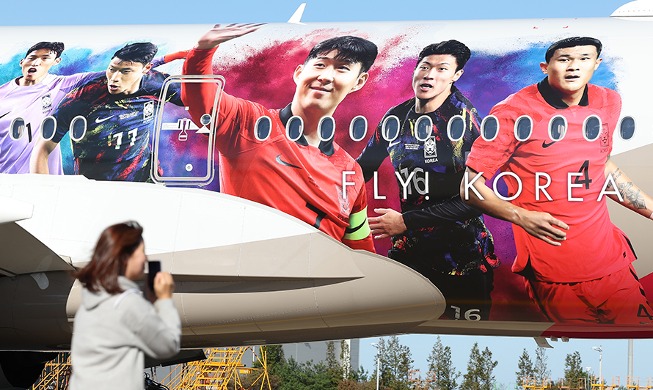 Nat'l soccer team stars displayed on commercial plane