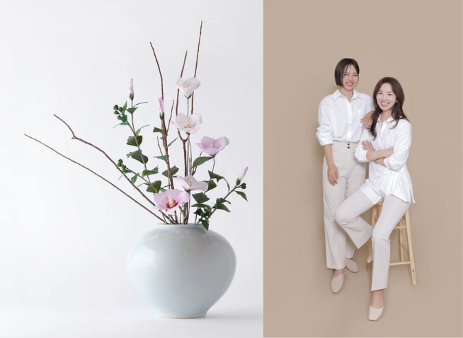 2 sisters create flower art using traditional paper Hanji