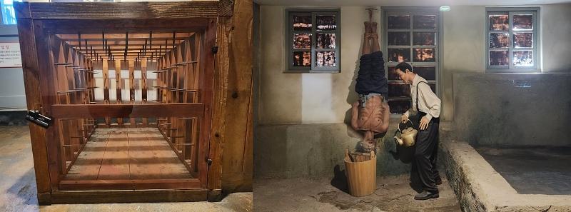 On the left is a replica of a torture box with nails in which an inmate was placed and shaken to inflict pain. On the right is a water torture in which a prisoner's head was forced into a tub of water or water was poured into their noses and mouth to make breathing difficult. (Lee Jihae) 