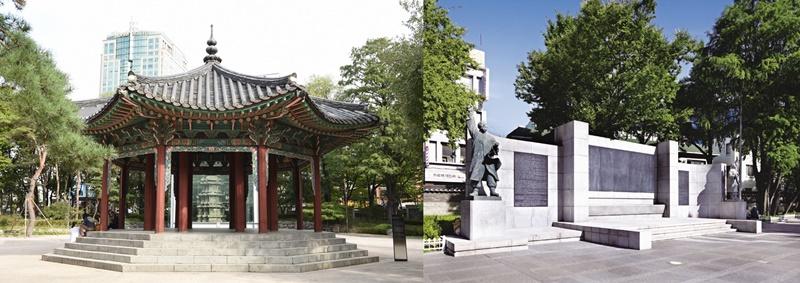 Jeong Jae-yong on March 1, 1919, read out loud the country's Declaration of Independence at Tapgol Park in Seoul's Jongno-gu District, marking the beginning of the national independence movement. On the left is Palgakjeong Pavilion where he read the declaration and on the right is the monument inscribed with the declaration's text. (Korea Heritage Service)  